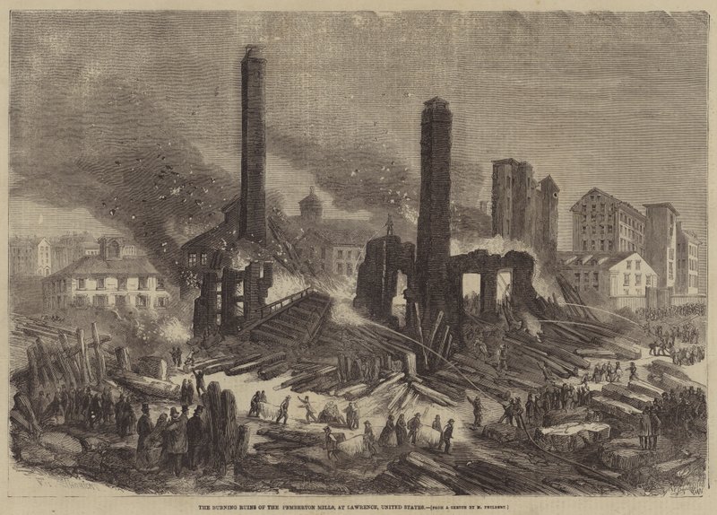 De brandende ruïnes van de Pemberton Mills, in Lawrence, Verenigde Staten door Felix Thorigny