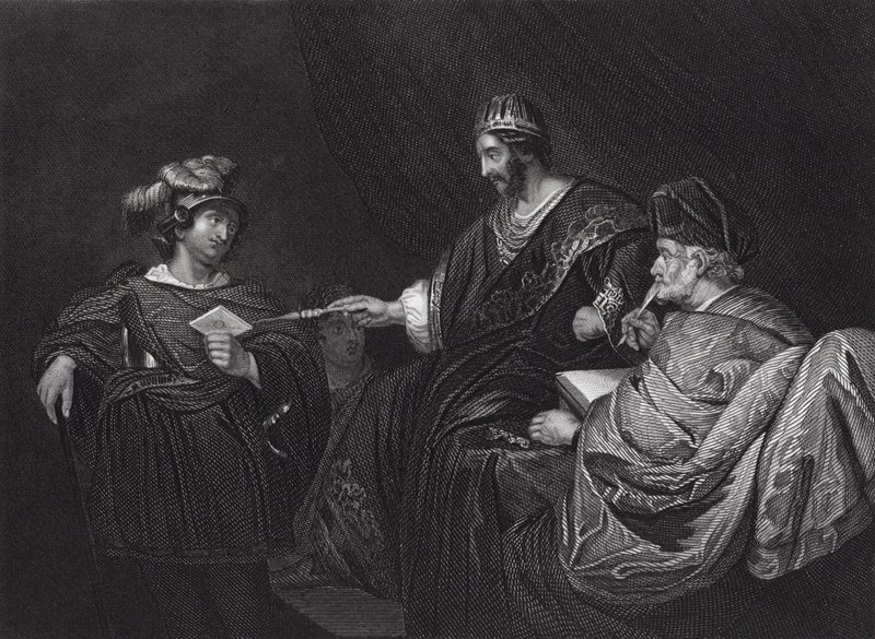 David stuurt een brief naar Joab door Uria, II Samuel, Hoofdstuk XI, vers 14 (gravure) door Ferdinand (after) Bol