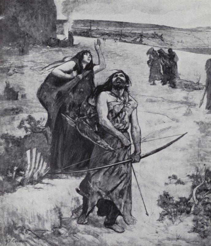 IJstijdmens leert jagen met boog en pijl (litho) door Fernand (after) Cormon