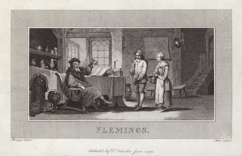 Vlamingen. Gravure van bedienden en meester. door Flemish School