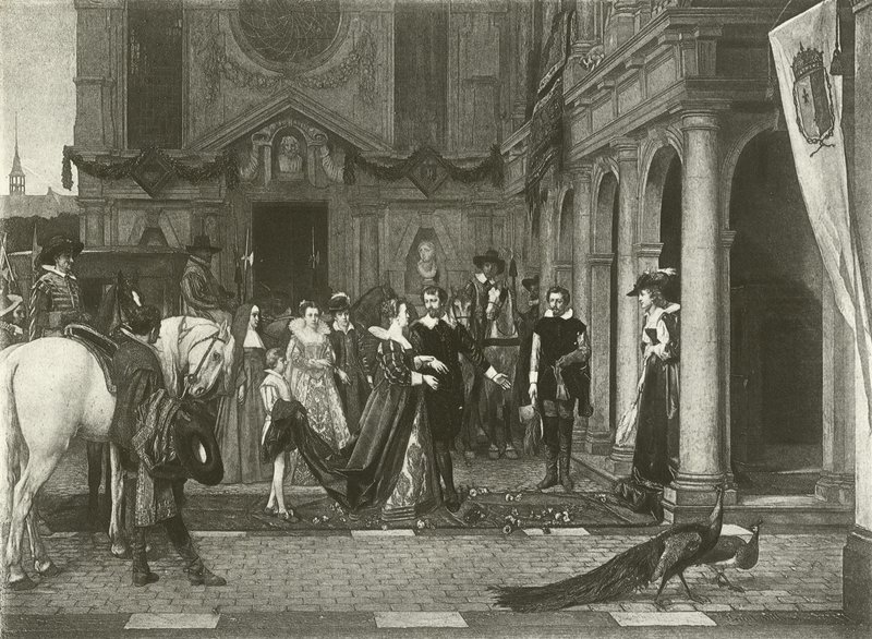 Marie de Medici bij het huis van Rubens (gravure) door Florent Willems
