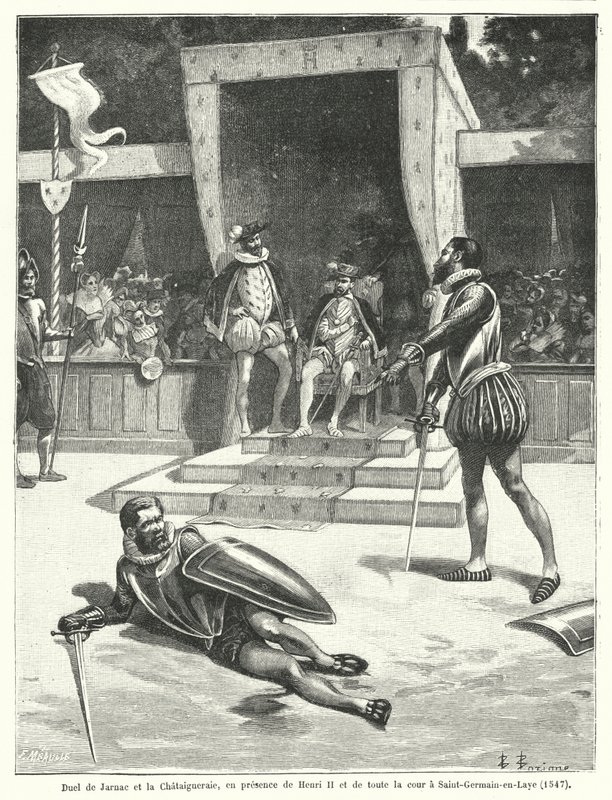 Duel tussen Guy Cabot de Jarnac en François de Vivonne, Seigneur de la Châtaigneraie voor koning Hendrik II van Frankrijk en zijn hele hof in St Germain-en-Laye door Fortune Louis Meaulle