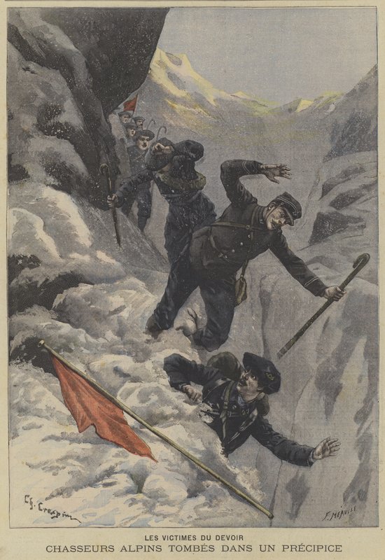 Franse Chasseurs Alpins bergtroepen vallen over een afgrond door Fortune Louis Meaulle