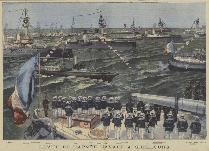 Franse marineparade voor de kust van Cherbourg door Fortune Louis Meaulle