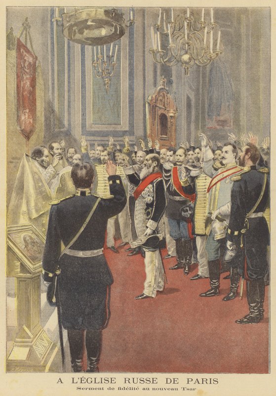 De eed van trouw aan de nieuwe tsaar in de Russische kerk in Parijs door Fortune Louis Meaulle