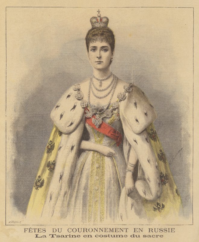 Tsarina Alexandra van Rusland in haar kroningsgewaden door Fortune Louis Meaulle