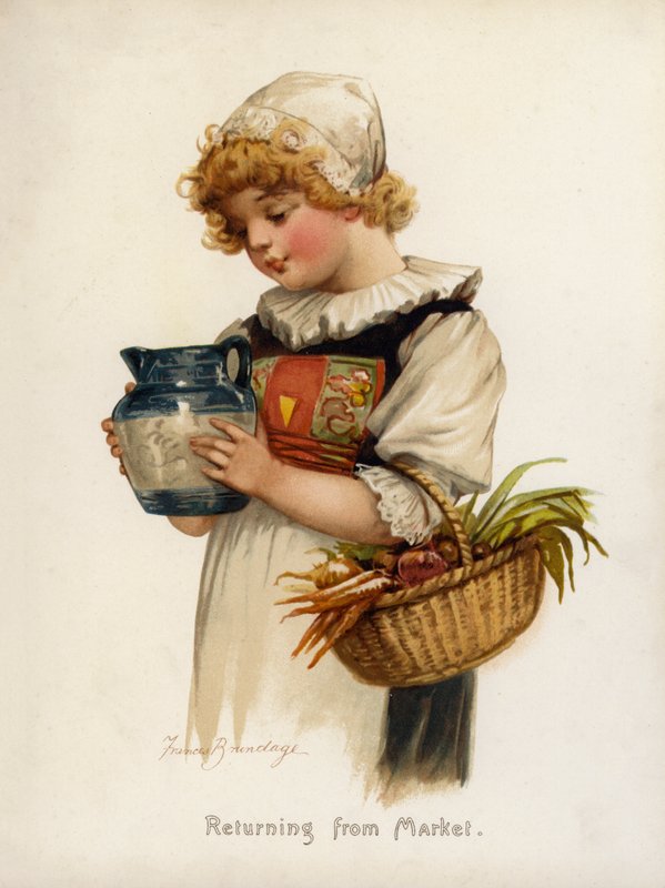 Meisjes: Terug van de markt (kleur litho) door Frances Brundage