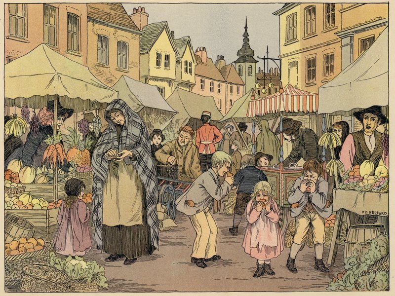 Bedfords winkelboek: Fruitkramen (kleurenlitho) door Francis Donkin Bedford