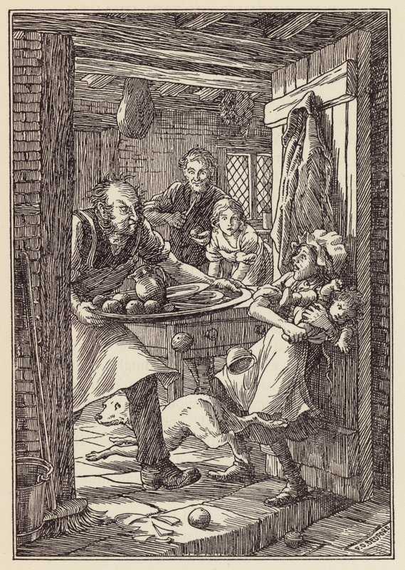 Illustratie voor De krekel op het haardvuur van Charles Dickens (kleurenlitho) door Francis Donkin Bedford