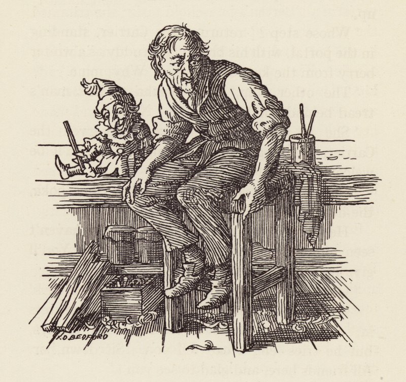 Illustratie voor De krekel op het haardvuur van Charles Dickens (kleurenlitho) door Francis Donkin Bedford