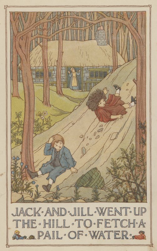 Jack en Jill gingen de heuvel op om een emmer water te halen (kleurenlitho) door Francis Donkin Bedford