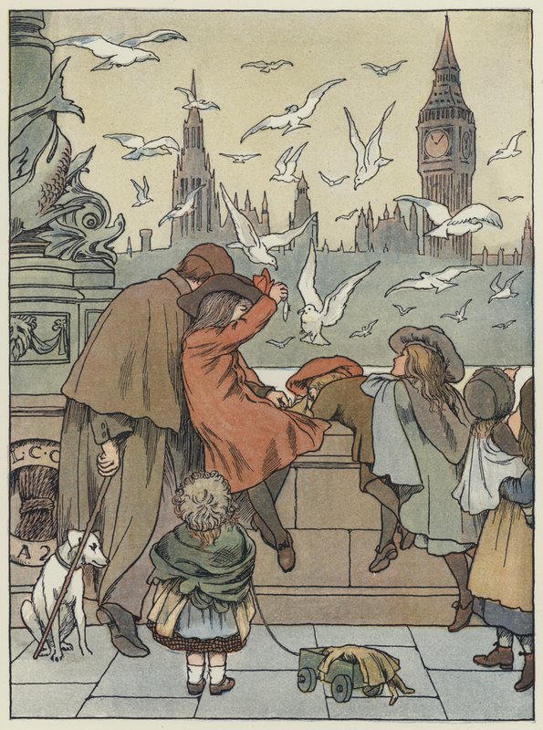 Londen: Feeding the Gulls (kleurenlitho) door Francis Donkin Bedford