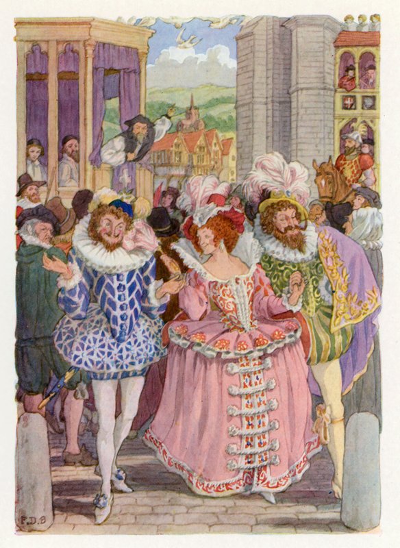 Vrolijk Engeland: Heidenen en puriteinen (kleurenlitho) door Francis Donkin Bedford
