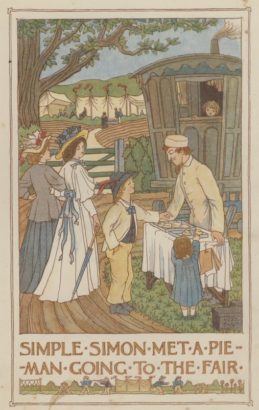 Eenvoudige Simon ontmoette een taartman die naar de kermis ging (kleurenlitho) door Francis Donkin Bedford