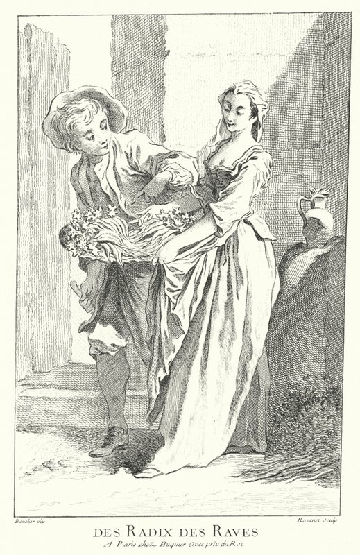 Radijs- en raapverkoper (gravure) door Francois (after) Boucher