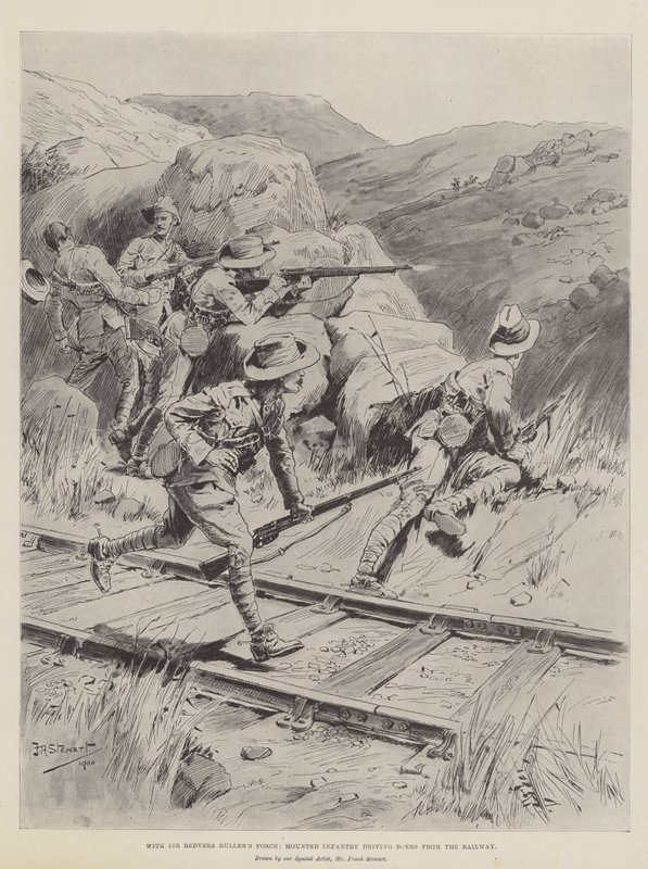 Met de troepen van Sir Redvers Buller, gemonteerde infanterie verdrijft Boeren van de spoorlijn door Frank Algenon Stewart