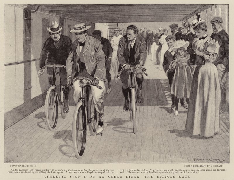 Atletische sporten op een oceaanstomer, de fietswedstrijd door Frank Craig