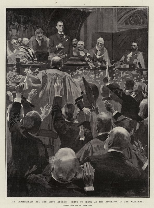Mr Chamberlain en het Adres van de Stad, opstaan om te spreken bij de Receptie in de Guildhall door Frank Craig