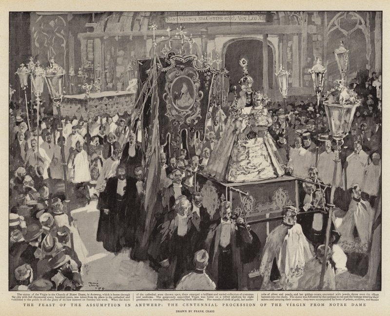 Het Feest van de Maria-Tenhemelopneming in Antwerpen, de Eeuwfeestprocessie van de Maagd uit de Notre Dame door Frank Craig