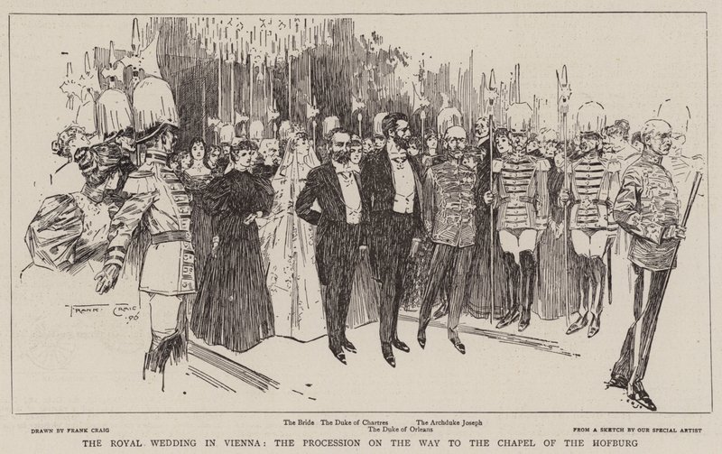 Het koninklijk huwelijk in Wenen, de processie op weg naar de kapel van de Hofburg door Frank Craig