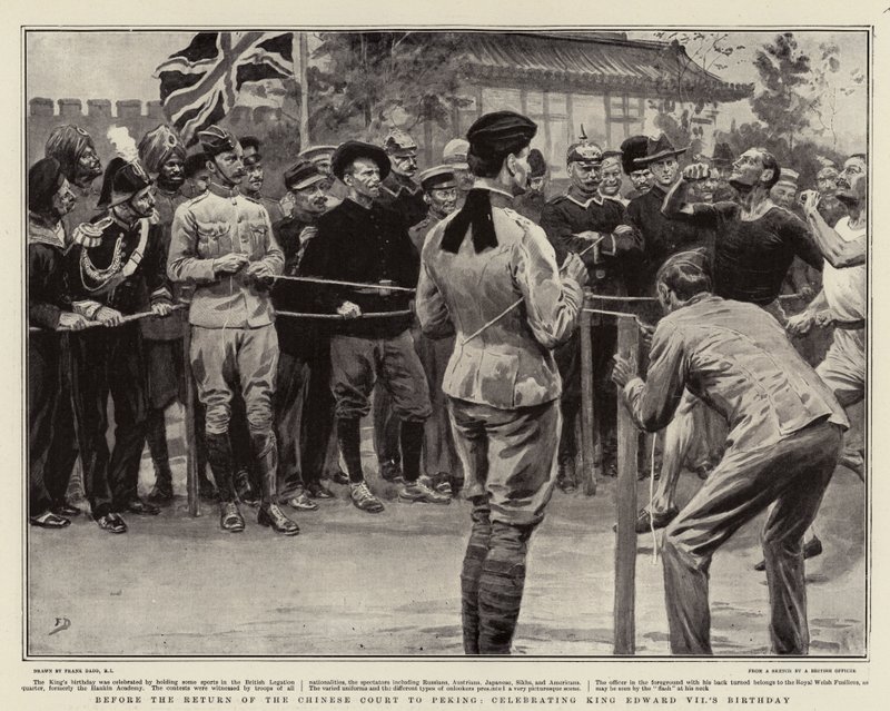 Voor de Terugkeer van het Chinese Hof naar Peking, viering van de Verjaardag van Koning Edward VII door Frank Dadd