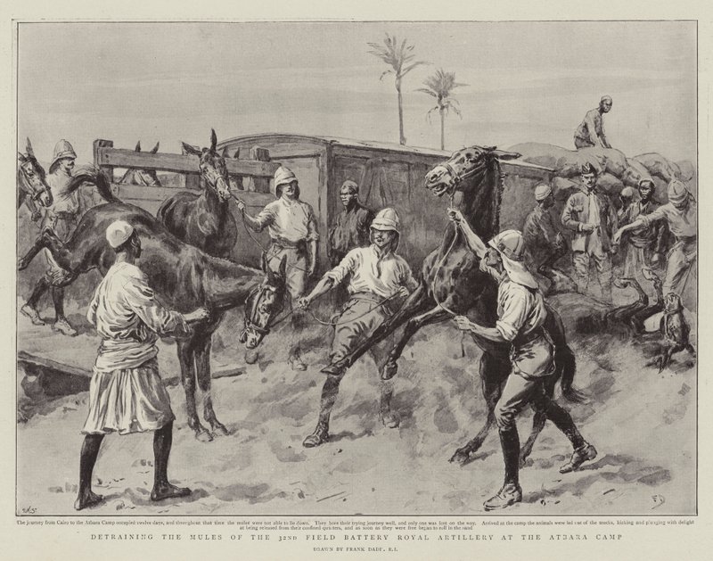 Het Uitladen van de Muilezels van de 32e Veldbatterij Koninklijke Artillerie in het Atbara Kamp door Frank Dadd