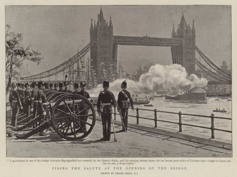Het afvuren van het saluut bij de opening van de brug door Frank Dadd