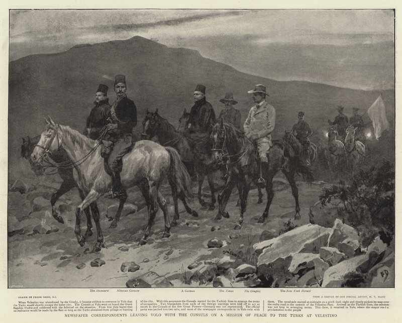 Krantencorrespondenten verlaten Volo met de consuls op een vredesmissie naar de Turken in Velestino door Frank Dadd