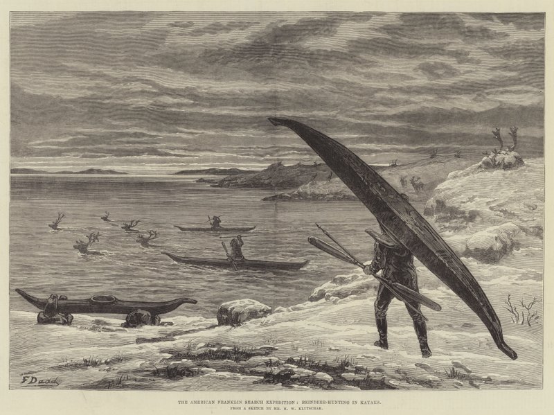 De Amerikaanse Franklin-zoekexpeditie, rendierjacht in kajaks door Frank Dadd