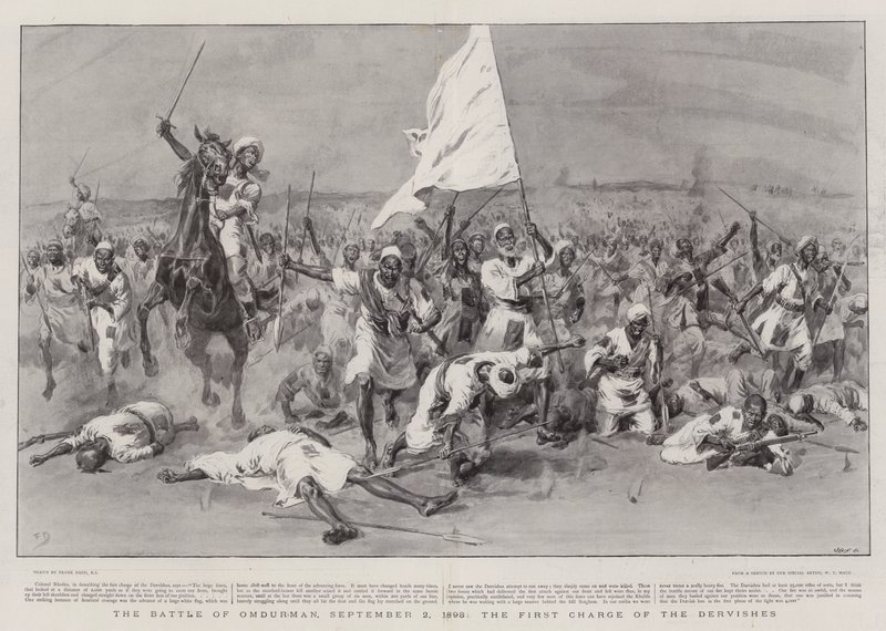 De Slag bij Omdurman, 2 september 1898, de eerste aanval van de Derwisjen door Frank Dadd