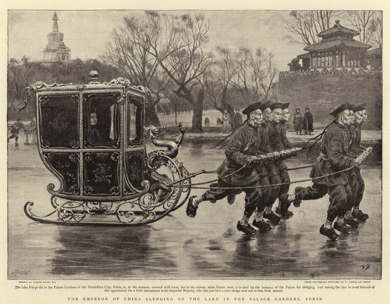 De keizer van China op een slee op het meer in de paleistuinen, Peking door Frank Dadd