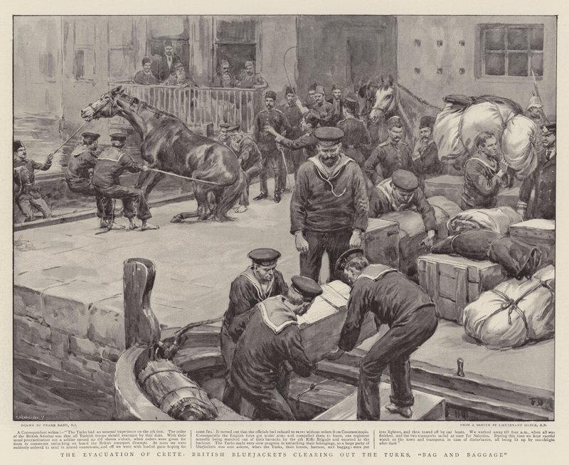 De evacuatie van Kreta, Britse matrozen ruimen de Turken op, met bagage en al door Frank Dadd