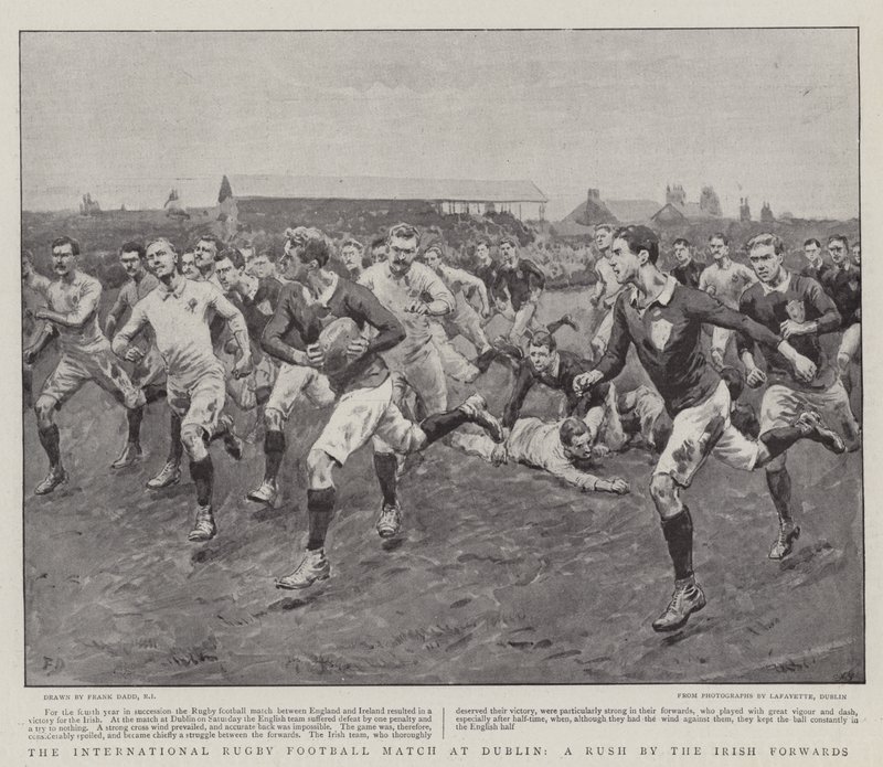 De internationale rugbywedstrijd in Dublin, een aanval door de Ierse voorwaartsen door Frank Dadd