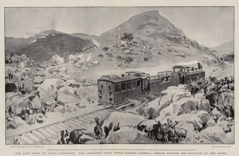 De laatste trein die Ladysmith verlaat, de gepantserde trein die generaal French vervoerde en de Boeren trotseerde door Frank Dadd