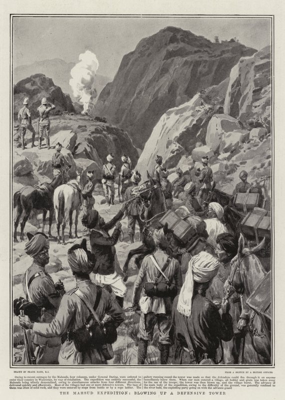 De Mahsud Expeditie, opblazen van een verdedigende toren door Frank Dadd
