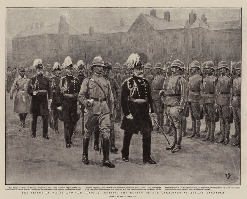 De Prins van Wales en onze koloniale gasten, de recensie van de Canadezen bij Albany Barracks door Frank Dadd