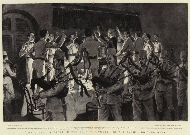 De Koningin, een Toast in de Soedan een Schets in de Suakin Brigade Mess door Frank Dadd