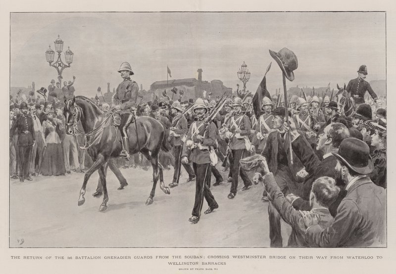 De terugkeer van het 1e bataljon Grenadier Guards uit de Soudan, overstekend Westminster Bridge op weg van Waterloo naar Wellington Barracks door Frank Dadd