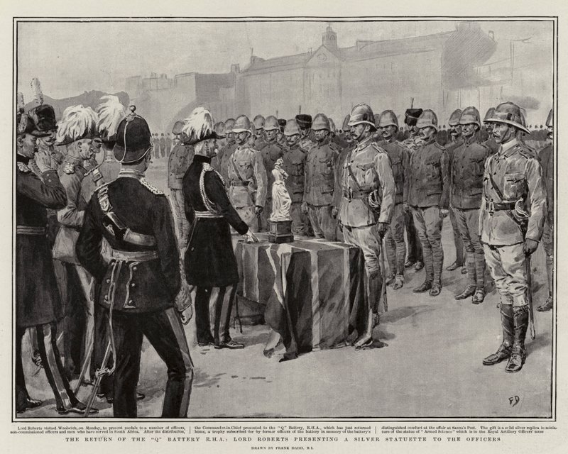 De terugkeer van de Q Battery RHA, Lord Roberts presenteert een zilveren beeldje aan de officieren door Frank Dadd