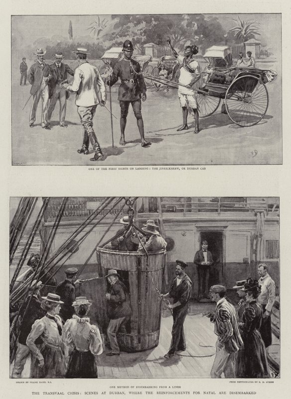 De Transvaal Crisis, Scènes in Durban, waar de Versterkingen voor Natal worden ontscheept door Frank Dadd