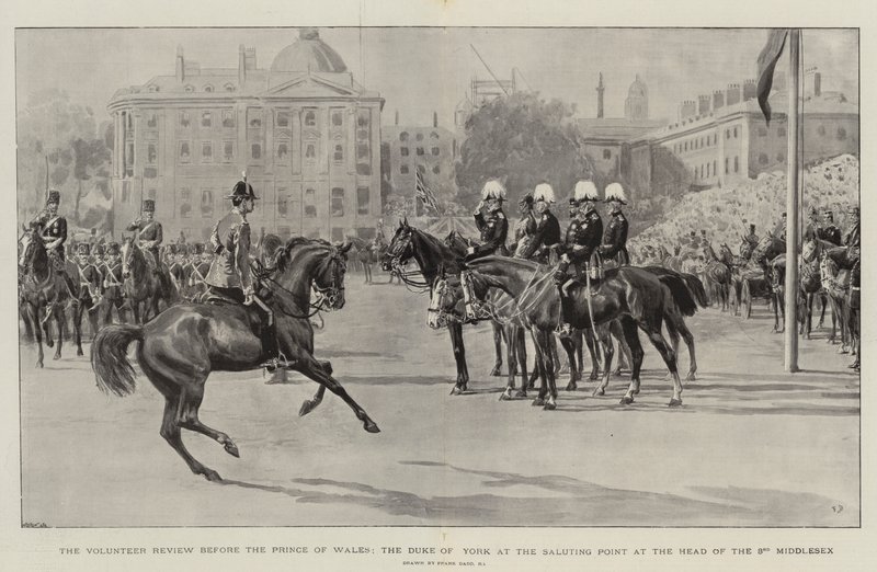 De vrijwilligersparade voor de Prins van Wales, de Hertog van York bij het saluutpunt aan het hoofd van de 3e Middlesex door Frank Dadd