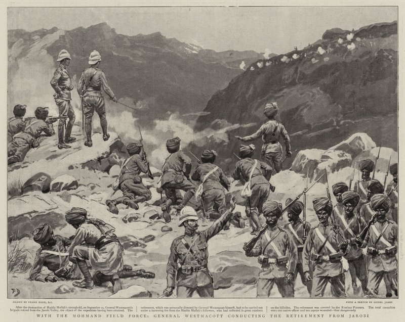 Met de Mohmand Veldmacht, Generaal Westmacott leidt de Terugtocht van Jarobi door Frank Dadd