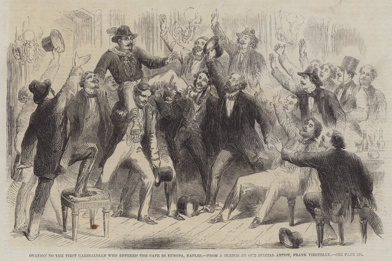 Ovation voor de eerste Garibaldiaan die het Cafe di Europa binnenging, Napels door Frank Vizetelly