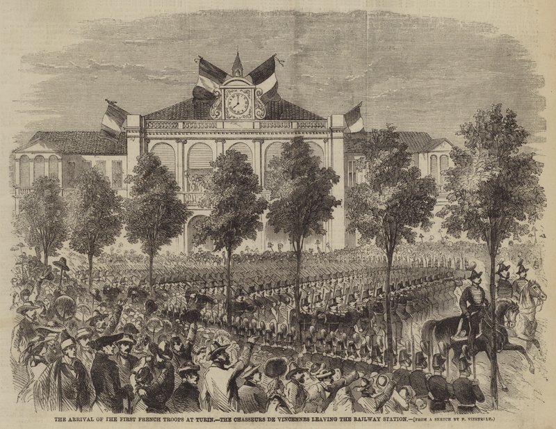 De aankomst van de eerste Franse troepen in Turijn, de Chasseurs de Vincennes verlaten het treinstation door Frank Vizetelly