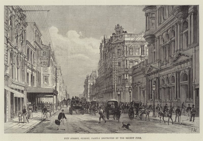 Pitt Street, Sydney, deels verwoest door de recente brand door Frank Watkins