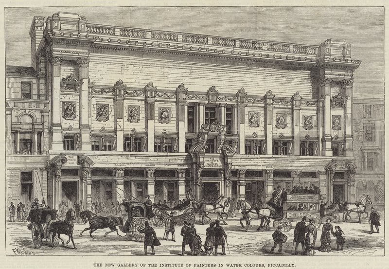 De Nieuwe Galerij van het Instituut van Schilders in Waterkleuren, Piccadilly door Frank Watkins