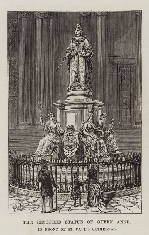 Het gerestaureerde standbeeld van koningin Anne, voor St. Paul