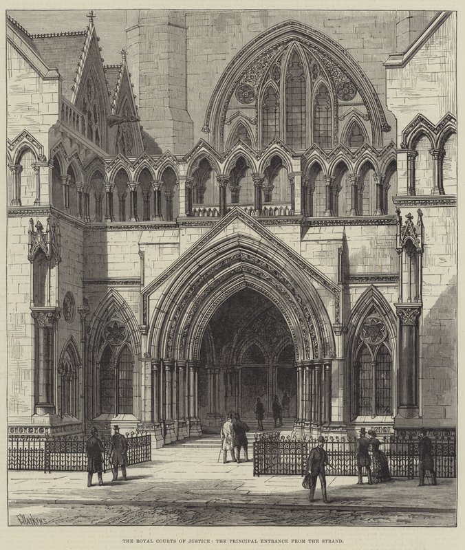 De Koninklijke Gerechtsgebouwen, de Hoofdingang vanaf de Strand door Frank Watkins