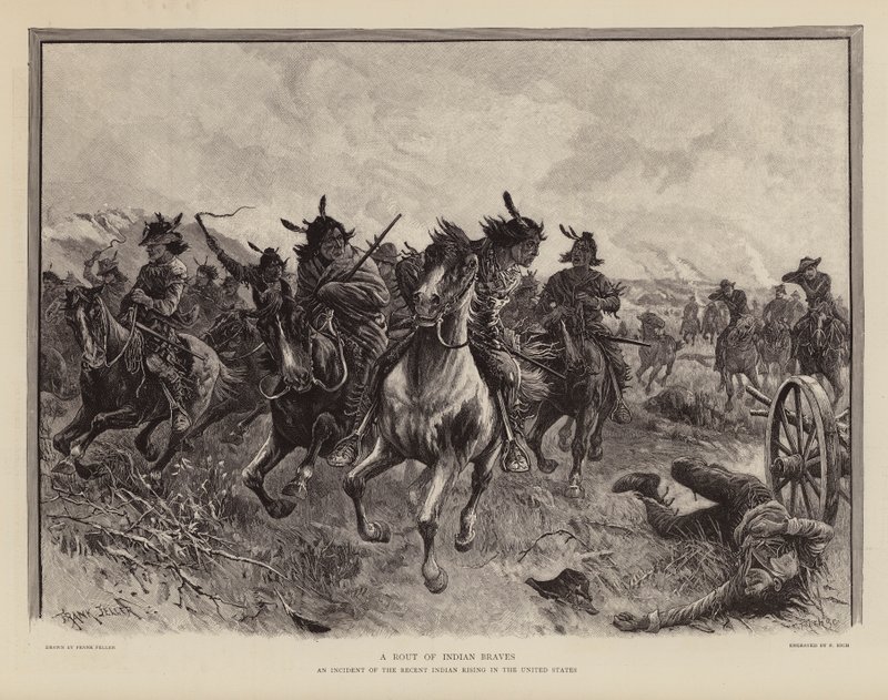 Een groep dappere krijgers tijdens een opstand van de inheemse Amerikanen (gravure) door Frank (after) Feller