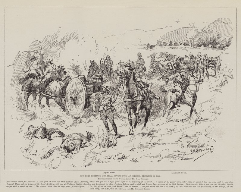Hoe de zoon van Lord Roberts viel, reddend kanonnen bij Colenso, 15 december 1899 door Frank Algenon Stewart